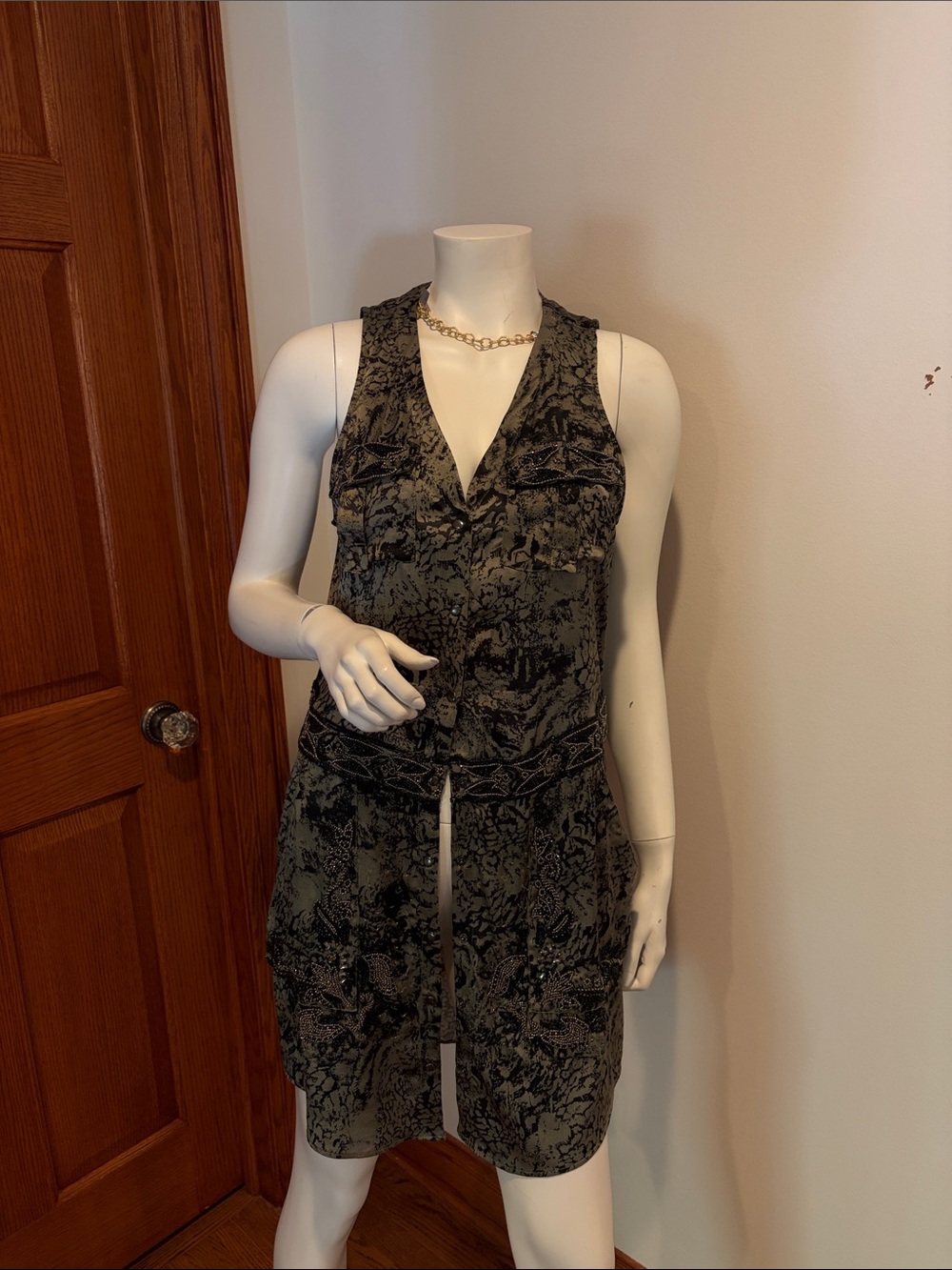 Haute Hippie Olive Green and Black Sleeveless V-Neck Mini Dress